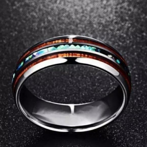 UNISEX TUNGSTEN HAWAIIAN KOA WOOD ABALONE RING - Picture 6 of 7
